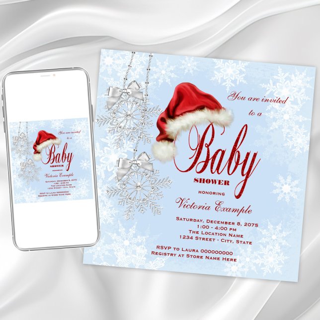 Santa Hat and Snowflakes Christmas Baby Shower Invitation (Cute Santa hat snowflake baby shower invitation. Instant download and printed invitations available.)