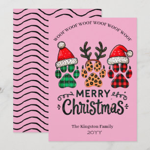 Santa Hat Antlers and Paw Prints Pink Christmas Holiday Card