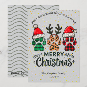 Santa Hat Antlers and Paw Prints Silver Christmas Holiday Card