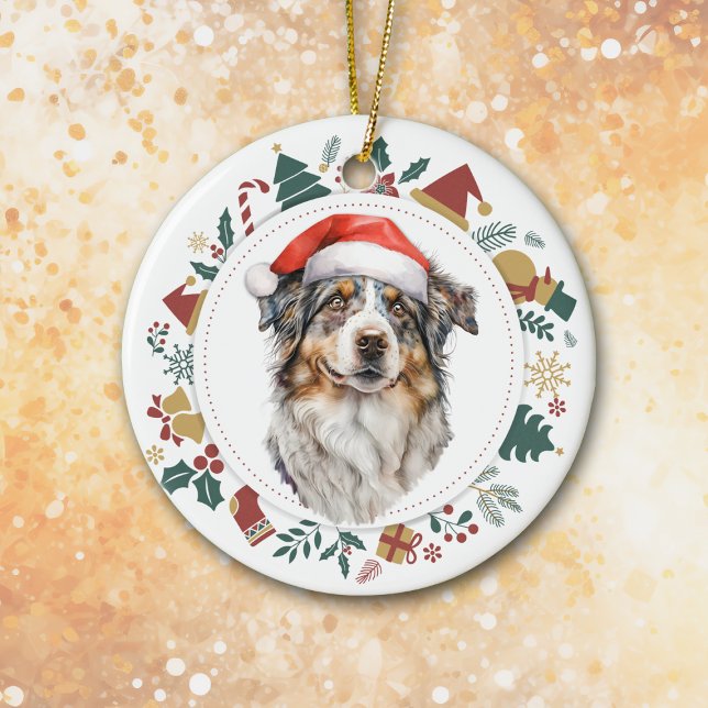 Santa Hat Australian Shepherd Dog Christmas Wreath Ceramic Ornament (Creator Uploaded)