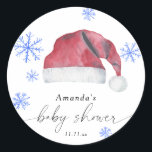 Santa Hat - baby shower  Classic Round Sticker<br><div class="desc">Invite your guests with this watercolor Santa hat and snowflakes - baby shower elegant invitation. Use the design tools to edit the text,  change font colour and style to create a unique one of a kind invitation design. Matching items available.</div>