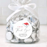 Santa Hat Baby Shower Thank You Classic Round Sticker<br><div class="desc">Cute sticker for your Christmas holiday season baby shower party favours and thank you cards featuring "A Sweet Little Thank You" in an elegant script with a heart swash and a watercolor illustration of a red Santa Claus hat. Personalize with the mother's name and shower date in simple modern typography....</div>