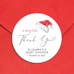 Santa Hat Baby Shower Thank You Classic Round Sticker<br><div class="desc">Cute sticker for your Christmas holiday season baby shower party favours and thank you cards featuring "A Merry Little Thank You" in a chic script with a heart swash and a watercolor illustration of a red Santa Claus hat. Personalize with the mother's name and shower date in simple typography.</div>