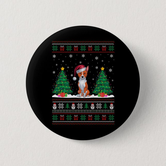 Santa Hat Basenji Dog Christmas Tree Lights Ugly S 2 Inch Round Button (Front)