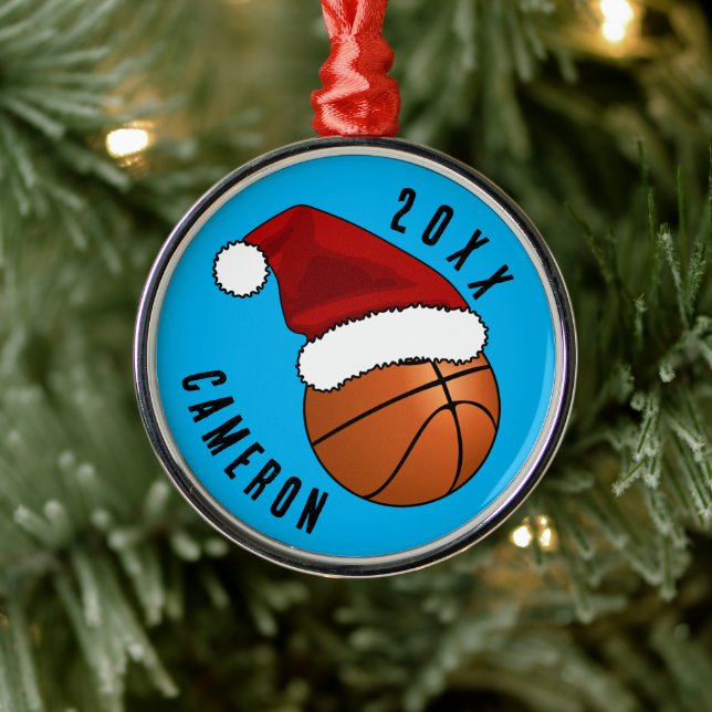 Santa Hat Basketball Christmas Metal Ornament (Tree)