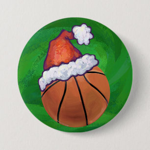 Santa Hat Basketball on Green 3 Inch Round Button