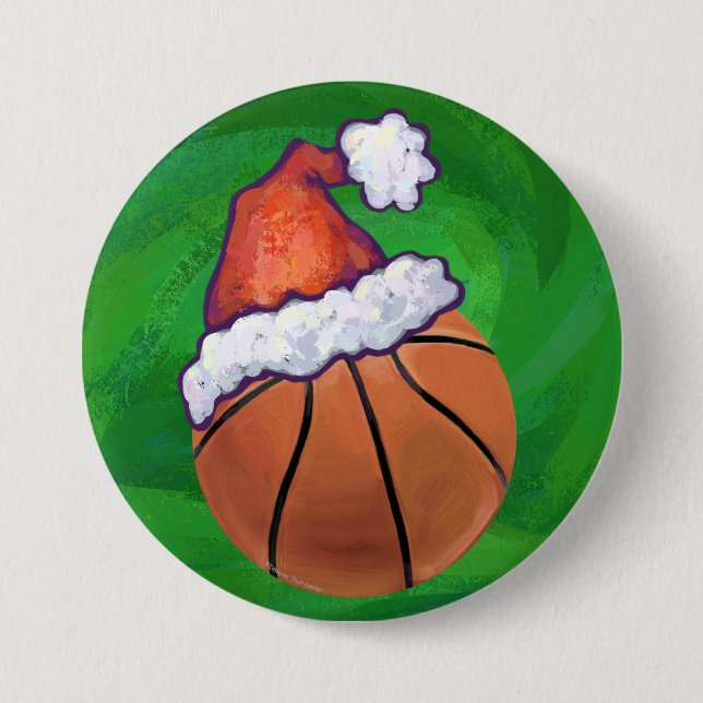 Santa Hat Basketball on Green 3 Inch Round Button (Front)