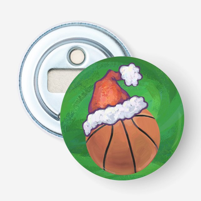 Santa Hat Basketball on Green Bottle Opener (Front)