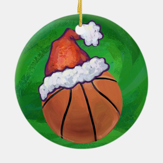 Santa Hat Basketball on Green Ceramic Ornament (Back)