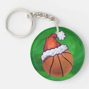 Santa Hat Basketball on Green Keychain