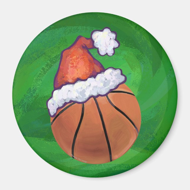 Santa Hat Basketball on Green Magnet (Front)