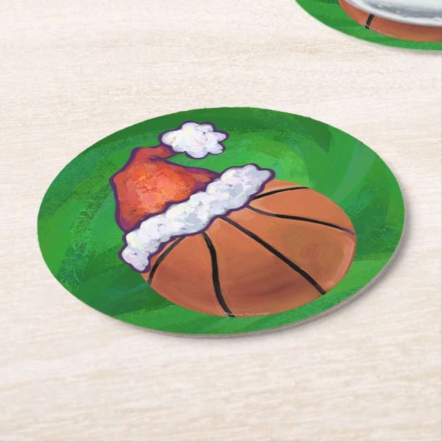 Santa Hat Basketball on Green Round Paper Coaster (Angled)