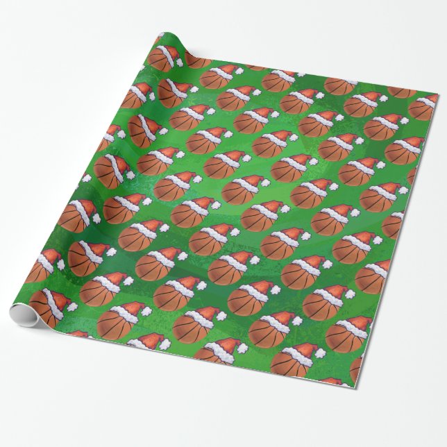 Santa Hat Basketball on Green Wrapping Paper (Unrolled)
