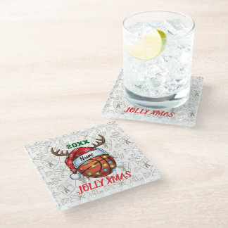 Santa Hat Basketball Reindeer Christmas Fun Sport Glass Coaster