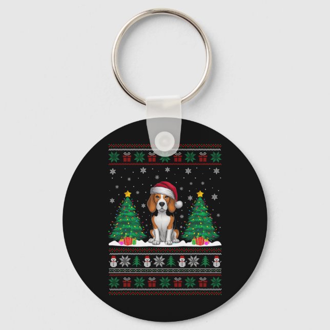 Santa Hat Beagle Dog Christmas Tree Lights Ugly Sw Keychain (Front)