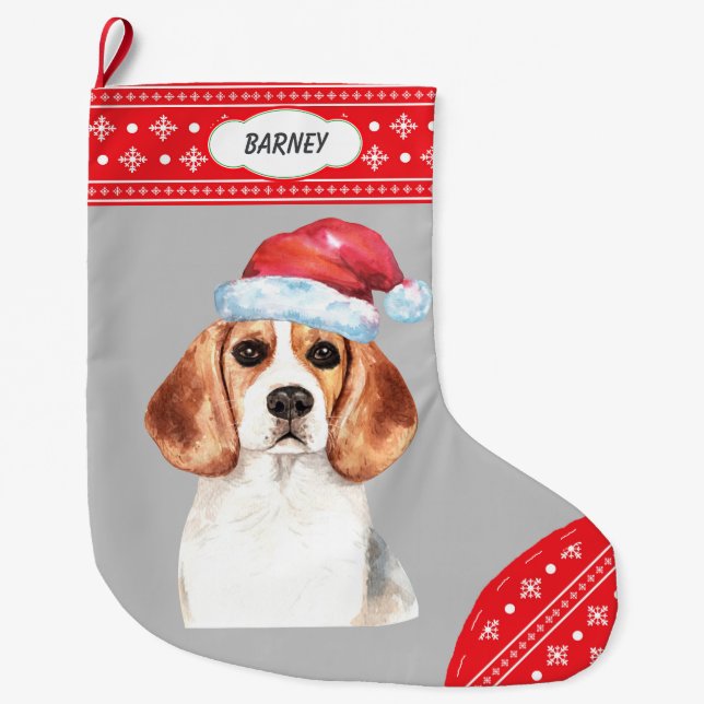 Santa Hat Beagle Snowflake Border Large Christmas Stocking (Front)