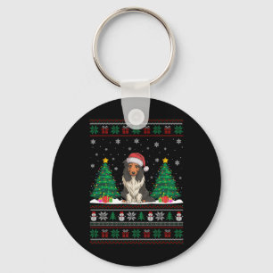Santa Hat Bearded Collie Dog Xmas Tree Lights Ugly Keychain