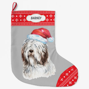 Santa Hat Bearded Collie Snowflake Border Large Christmas Stocking