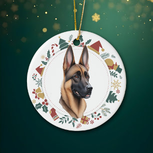 Santa Hat Belgian Malinois Dog Christmas Wreath Ceramic Ornament