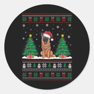 Santa Hat Belgian Malinois Dog Xmas Tree Lights Ug Classic Round Sticker