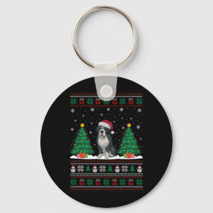 Santa Hat Bernard Dog Christmas Tree Lights Ugly S Keychain