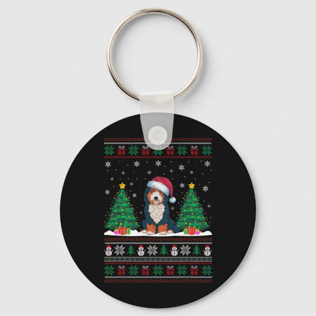 Santa Hat Bernedoodle Dog Christmas Tree Lights Ug Keychain (Front)