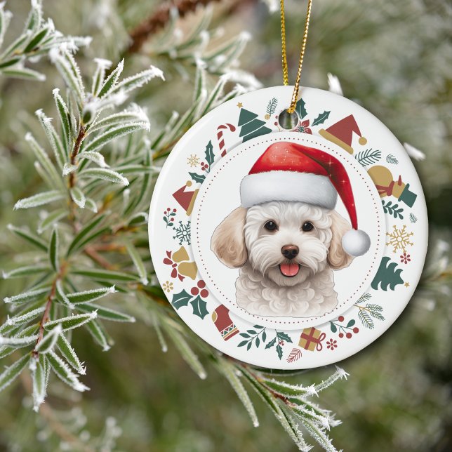 Santa Hat Bichon Frise Dog Christmas Images Wreath Ceramic Ornament (Creator Uploaded)