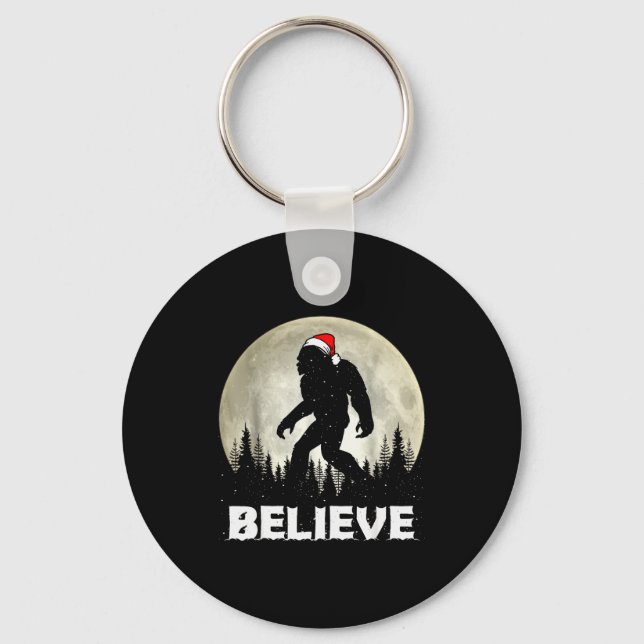 Santa Hat Bigfoot Believe Christmas Lights Rock Sa Keychain (Front)