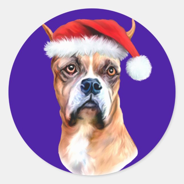 Santa Hat Boxer Classic Round Sticker (Front)