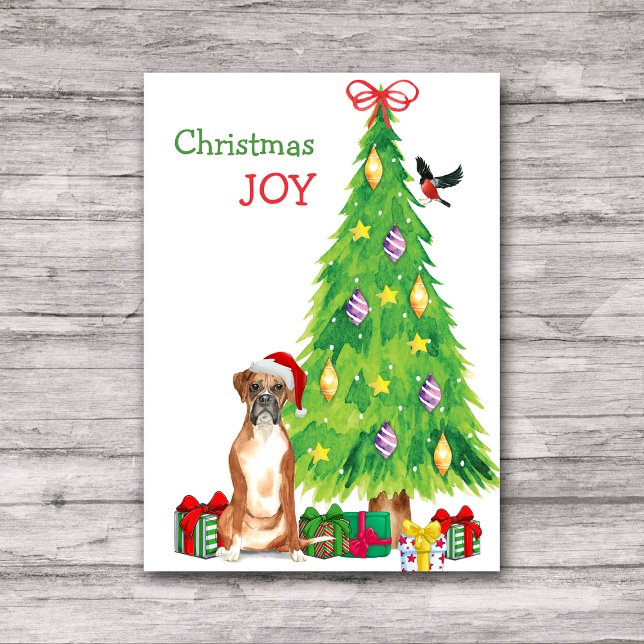 Santa Hat Boxer Dog and Christmas Tree Holiday Card (Creator Uploaded)