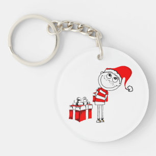 Santa Hat Boy Hiding Christmas Present  Keychain