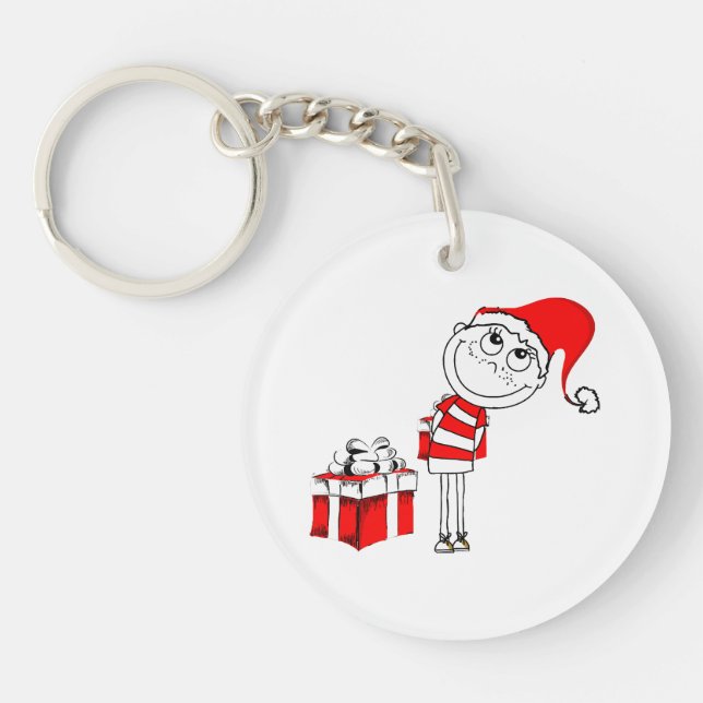 Santa Hat Boy Hiding Christmas Present  Keychain (Front)