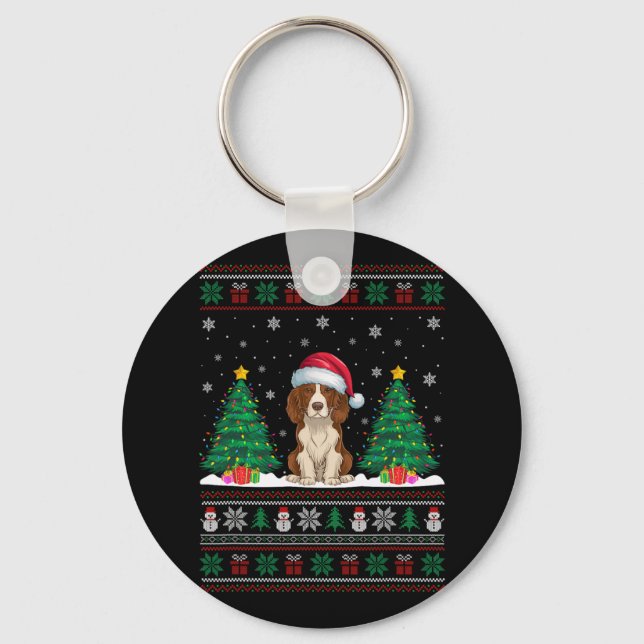 Santa Hat Brittany Spaniel Dog Xmas Tree Lights Ug Keychain (Front)