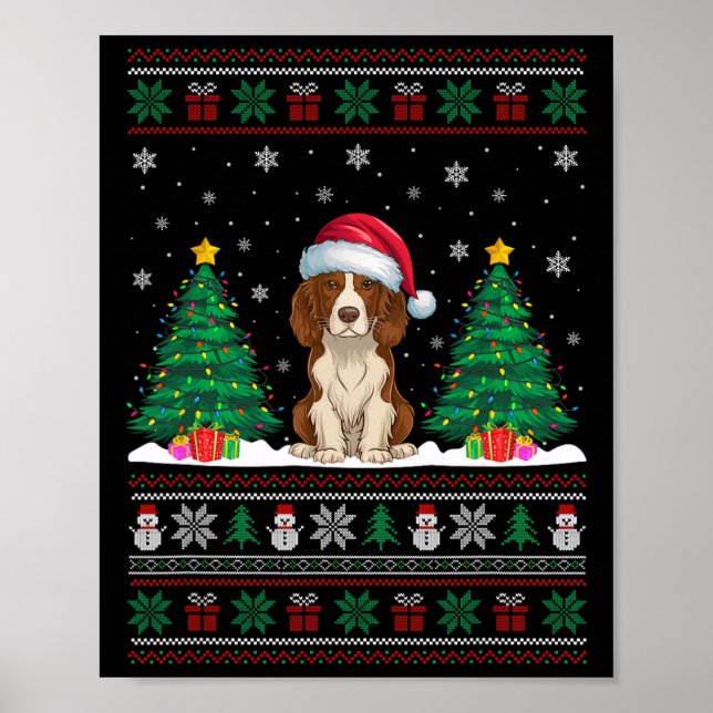 Santa Hat Brittany Spaniel Dog Xmas Tree Lights Ug Poster (Front)