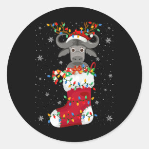 Santa Hat Buffalo Animal In Socks Xmas Tree Lights Classic Round Sticker