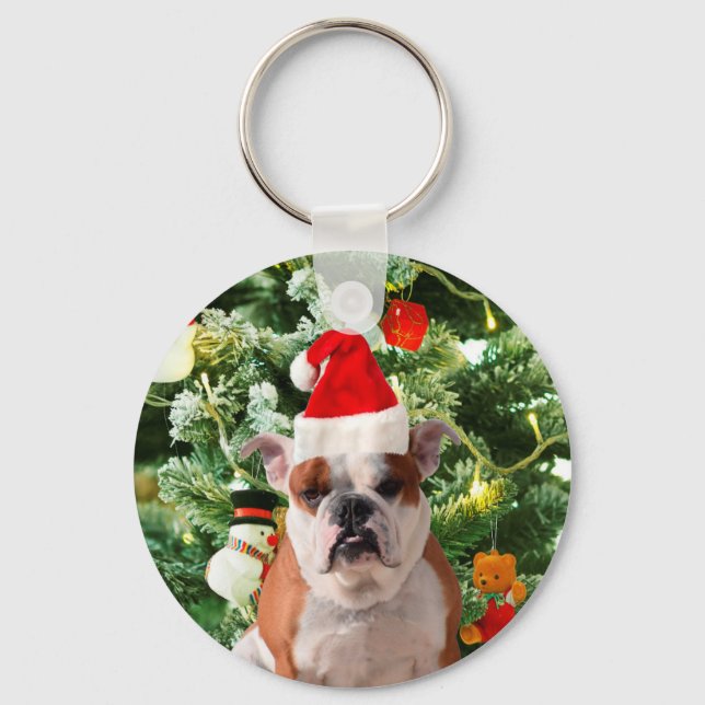 Santa Hat Bulldog Christmas Tree Snowman Gift Box Keychain (Front)