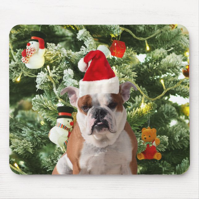 Santa Hat Bulldog Christmas Tree Snowman Gift Box Mouse Pad (Front)