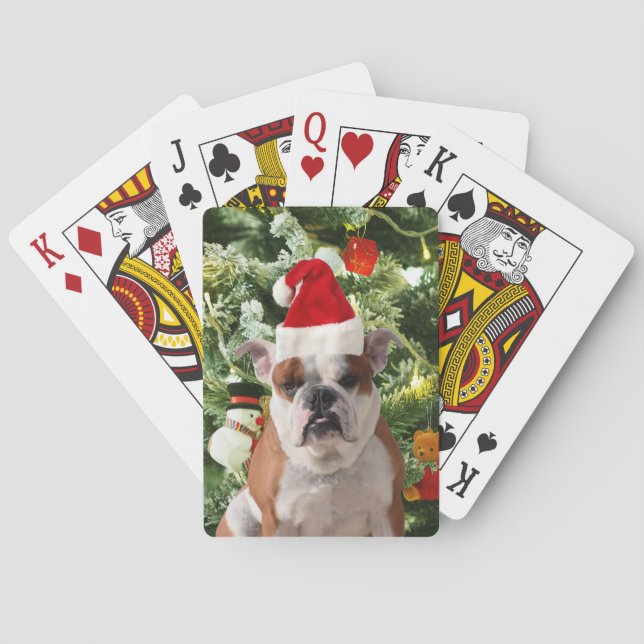 Santa Hat Bulldog Christmas Tree Snowman Gift Box Playing Cards (Back)