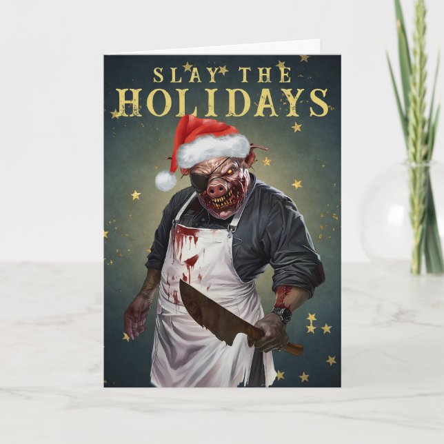 Santa Hat Butcher Pig Funny Horror Christmas Holiday Card (Front)