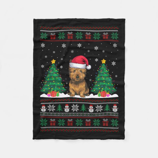 Santa Hat Cairn Terrier Dog Xmas Tree Lights Ugly  Fleece Blanket (Front)