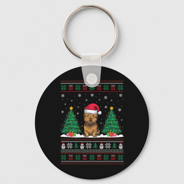 Santa Hat Cairn Terrier Dog Xmas Tree Lights Ugly  Keychain (Front)