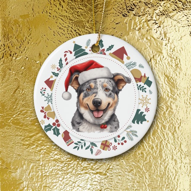 Santa Hat Cattle Dog Christmas Images Wreath Ceramic Ornament (Creator Uploaded)