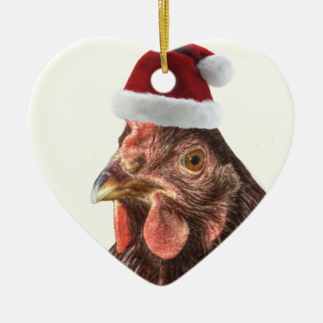 Santa Hat Chicken Ceramic Ornament (Front)