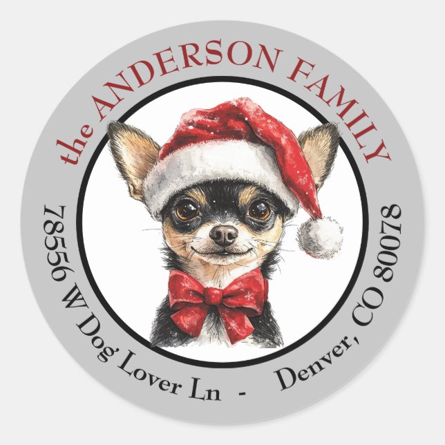 Santa Hat Chihuahua Dog Return Address Classic Round Sticker (Front)