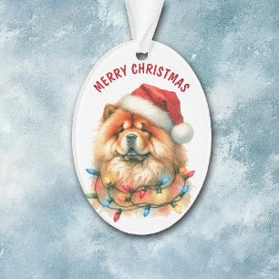 Santa Hat Chow Chow Dog in Holiday Light String  Ornament