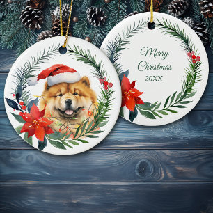 Santa Hat Chow Chow Dog Watercolor Poinsettia Ceramic Ornament