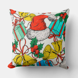 Santa Hat, Christmas holly, gifts and bells Throw Pillow