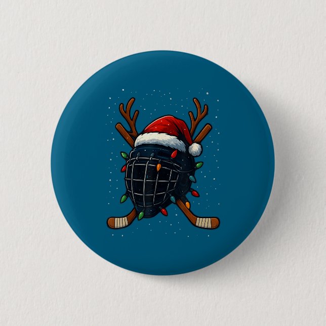 Santa Hat Christmas Ice Hockey Helmet Player Reind 2 Inch Round Button (Front)