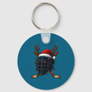 Santa Hat Christmas Ice Hockey Helmet Player Reind Keychain