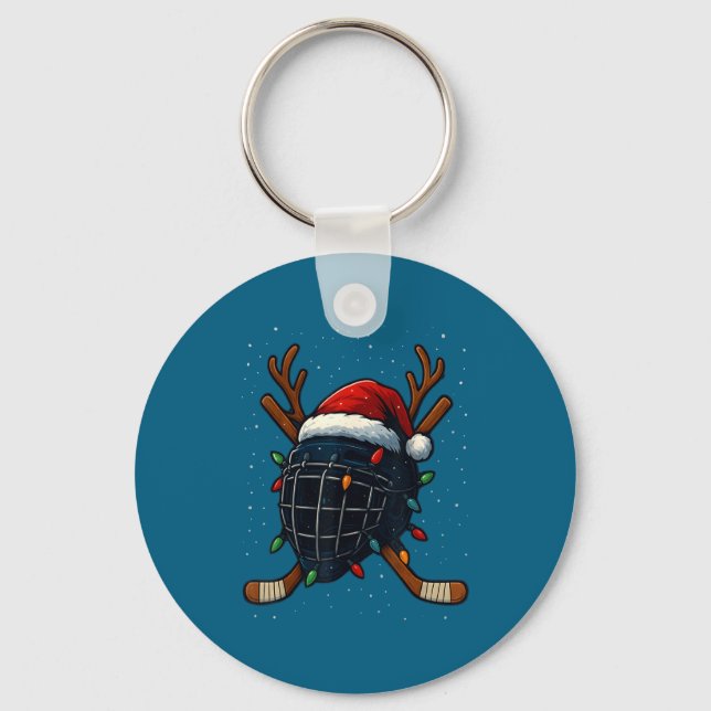 Santa Hat Christmas Ice Hockey Helmet Player Reind Keychain (Front)